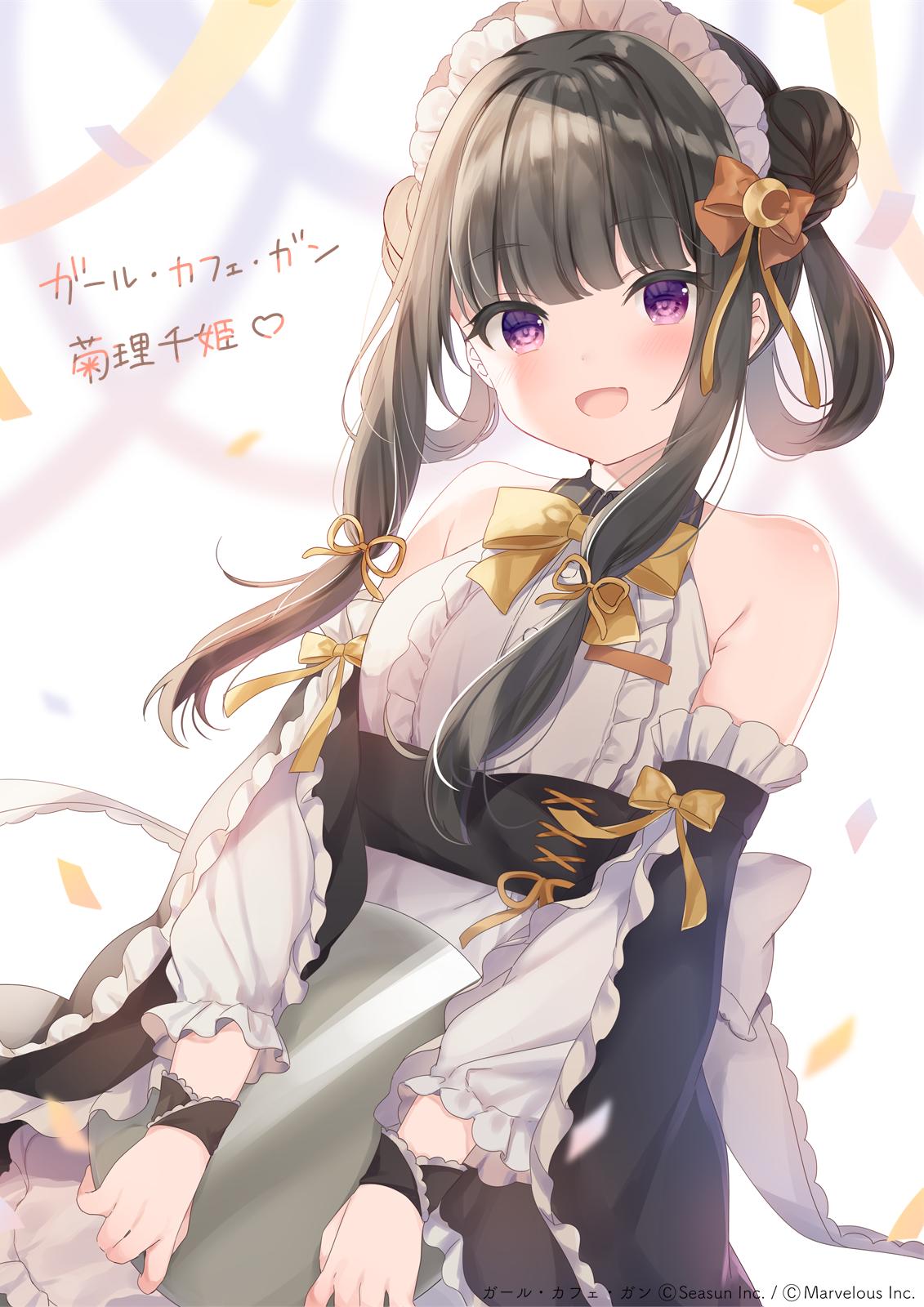 1girl :d apron bangs bare_shoulders black_hair black_skirt black_sleeves blurry blurry_background blush bow breasts brown_bow center_frills commentary_request crescent crescent_hair_ornament depth_of_field detached_sleeves double_bun dutch_angle eyebrows_visible_through_hair frilled_apron frills girl_cafe_gun hair_bow hair_ornament hair_ribbon hair_rings highres holding holding_tray kukuri_yuki long_hair long_sleeves mafuyu_(chibi21) maid_headdress medium_breasts open_mouth orange_ribbon puffy_long_sleeves puffy_sleeves ribbon shirt sidelocks skirt sleeveless sleeveless_shirt smile solo translated tray violet_eyes waist_apron watermark white_apron white_shirt wide_sleeves wrist_cuffs