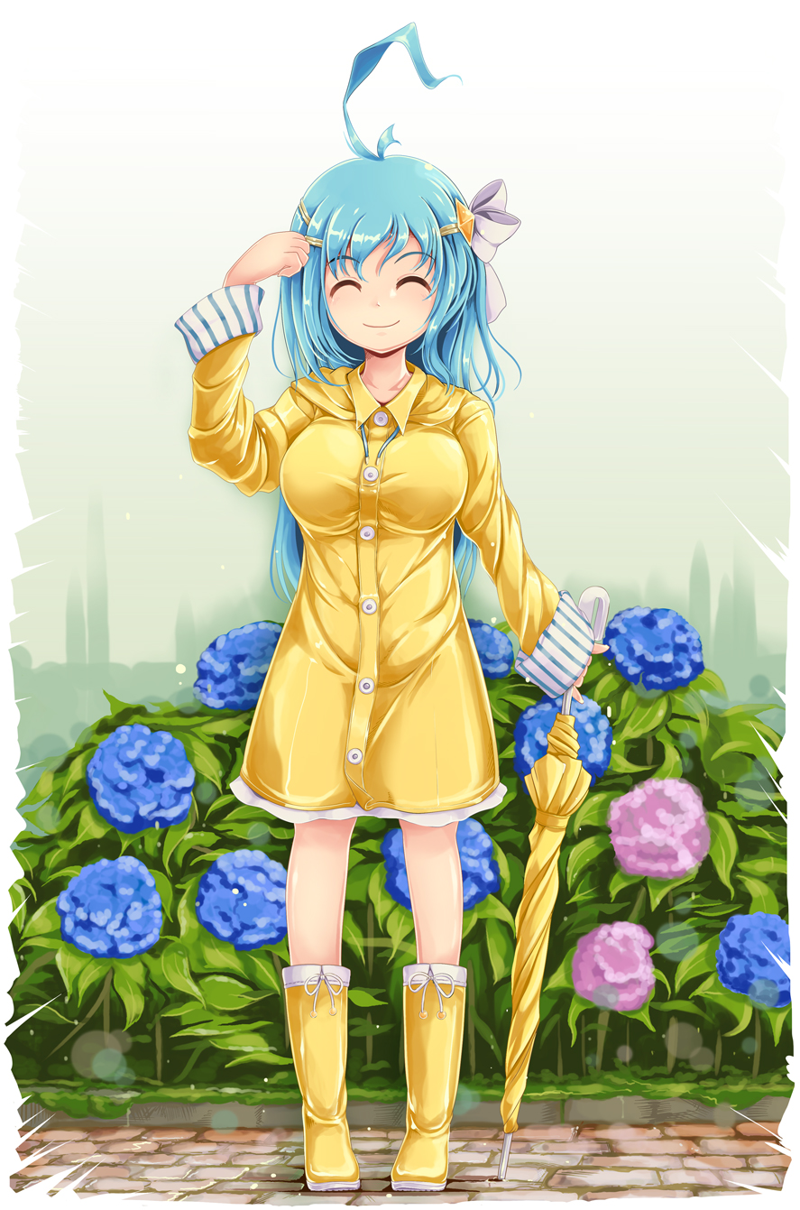 1girl ahoge arm_up bare_legs blue_hair boots breasts clenched_hand closed_eyes closed_mouth closed_umbrella eyebrows_visible_through_hair flower green_background hair_ornament hair_ribbon hand_on_own_head highres hydrangea ichirino_minagi large_breasts long_hair magical_girl original raincoat ribbon rubber_boots smile solo standing striped_sleeves umbrella yellow_coat yellow_footwear yellow_umbrella