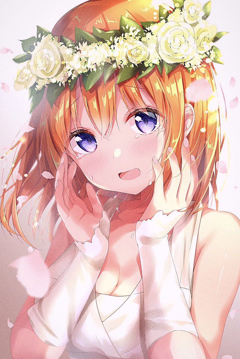 1girl amedamacon bangs bare_shoulders blush brown_background collarbone commentary_request detached_sleeves dress eyebrows_visible_through_hair fingernails flower flower_wreath go-toubun_no_hanayome gradient gradient_background grey_background hair_between_eyes hands_up head_tilt head_wreath highres long_hair long_sleeves looking_at_viewer nail_polish nakano_yotsuba open_mouth orange_hair petals pink_nails rose sleeveless sleeveless_dress sleeves_past_wrists solo tears upper_body violet_eyes white_dress white_sleeves yellow_flower yellow_rose