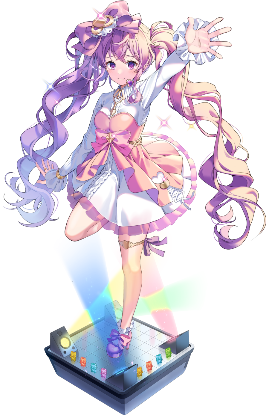 1girl aisha_landar arm_up bow breasts collared_shirt elsword full_body glint gummy_bear hair_bow high_heels highres leg_up long_hair long_sleeves looking_at_viewer medium_breasts outstretched_arm pinb purple_hair shirt sidelocks simple_background skirt smile socks solo stage stage_lights standing standing_on_one_leg tears twintails very_long_hair violet_eyes white_background white_legwear white_shirt white_skirt