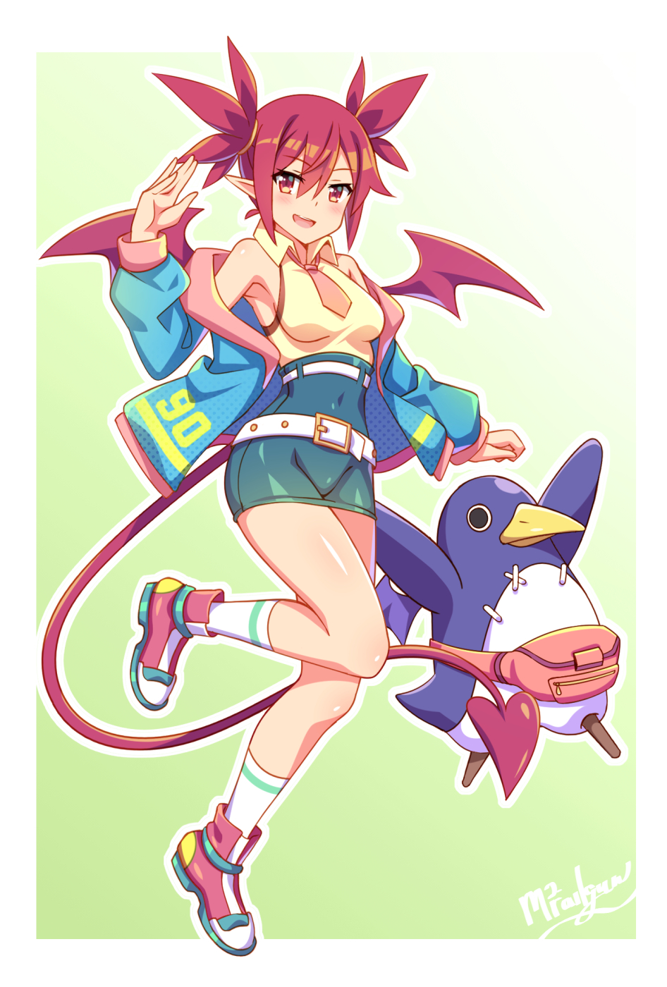 1girl alternate_breast_size alternate_costume breasts covered_navel demon_tail demon_wings disgaea earrings etna fanny_pack full_body highres jewelry light_blush makai_senki_disgaea medium_breasts mmrailgun necktie pointy_ears prinny red_eyes redhead short_hair smile standing standing_on_one_leg tail twintails wings