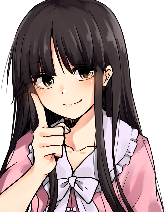 1girl bangs black_hair blush bow bowtie brown_eyes collarbone commentary_request eyebrows_visible_through_hair frilled_shirt_collar frills hand_up houraisan_kaguya index_finger_raised long_hair long_sleeves looking_at_viewer miyo_(ranthath) pink_shirt shirt sidelocks simple_background smile solo touhou upper_body white_background white_bow white_neckwear