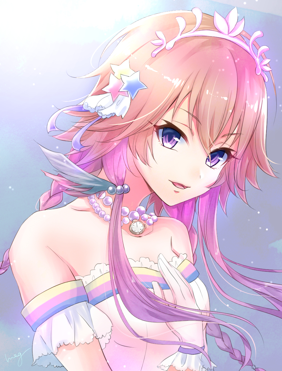 1girl :d ayase_aya bangs blue_eyes brown_hair collarbone detached_sleeves diadem eyebrows_visible_through_hair floating_hair gloves hair_between_eyes hair_ornament highres idolmaster idolmaster_cinderella_girls jewelry long_hair multicolored_hair necklace ninomiya_asuka open_mouth pink_hair shiny shiny_hair short_sleeves smile solo star star_hair_ornament strapless two-tone_hair upper_body white_gloves white_sleeves