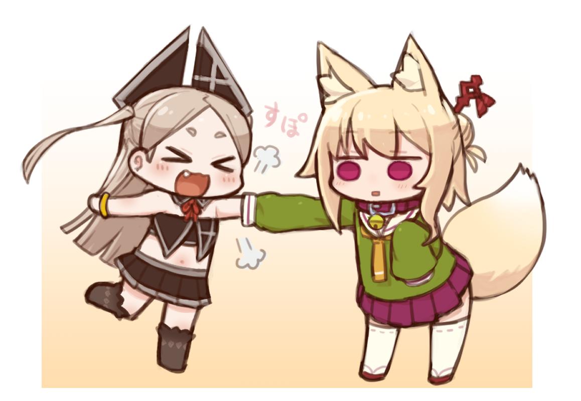 &gt;_&lt; 2girls :d animal_ear_fluff animal_ears bangs bare_shoulders bell bell_collar black_legwear black_skirt blonde_hair blush borrowed_character brown_background brown_collar brown_hair character_request chibi closed_eyes collar commentary_request crop_top eyebrows_visible_through_hair fang fox_ears fox_girl fox_tail gradient gradient_background green_shirt hair_bun hair_ornament headgear ichika_(ichika_manga) jingle_bell kemomimi-chan_(naga_u) kneehighs long_hair long_sleeves midriff multiple_girls navel one_side_up open_mouth orange_neckwear original parted_bangs parted_lips pleated_skirt purple_skirt red_footwear ribbon-trimmed_legwear ribbon_trim sailor_collar shirt short_eyebrows sidelocks skirt sleeves_past_fingers sleeves_past_wrists smile standing standing_on_one_leg tail thick_eyebrows thigh-highs translation_request very_long_hair white_background white_legwear white_sailor_collar xd