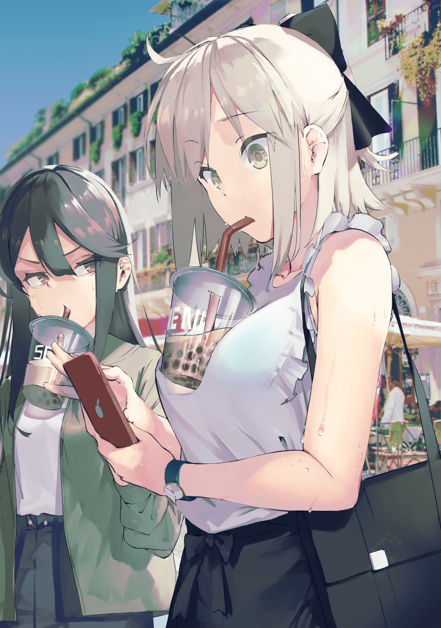 2girls bag black_hair bow bra_through_clothes bubble_tea bubble_tea_challenge cellphone drinking drinking_straw_in_mouth glaring hair_between_eyes hair_bow handbag highres holding holding_phone jacket long_hair looking_at_another multiple_girls original phone photo_background shirt sleeveless sleeveless_shirt smartphone sweat watch watch white_hair xkirara39x