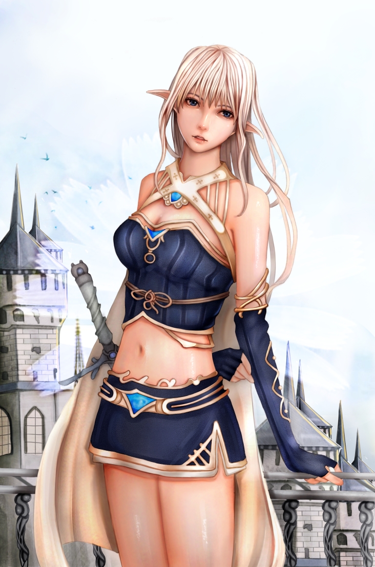 1girl black_gloves blonde_hair blue_eyes cape castle day elbow_gloves elf fingerless_gloves gloves long_hair midriff navel original pointy_ears pop721119 solo sword weapon