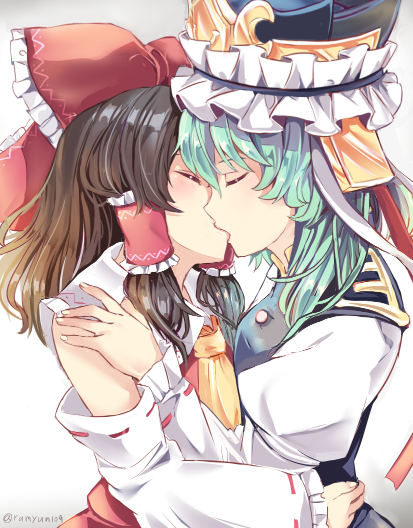 2girls artist_name ascot bare_shoulders black_hair blue_headwear blue_vest blush bow closed_eyes commentary_request detached_sleeves epaulettes facing_another frilled_bow frilled_hat frilled_shirt_collar frills from_side gradient gradient_background green_hair grey_background hair_bow hair_tubes hakurei_reimu hat hug juliet_sleeves kiss long_hair long_sleeves multiple_girls profile puffy_sleeves ramudia_(lamyun) red_bow red_ribbon red_skirt ribbon ribbon-trimmed_sleeves ribbon_trim shiki_eiki shirt sidelocks skirt skirt_set touhou twitter_username vest white_background white_ribbon white_shirt wide_sleeves yellow_neckwear yuri