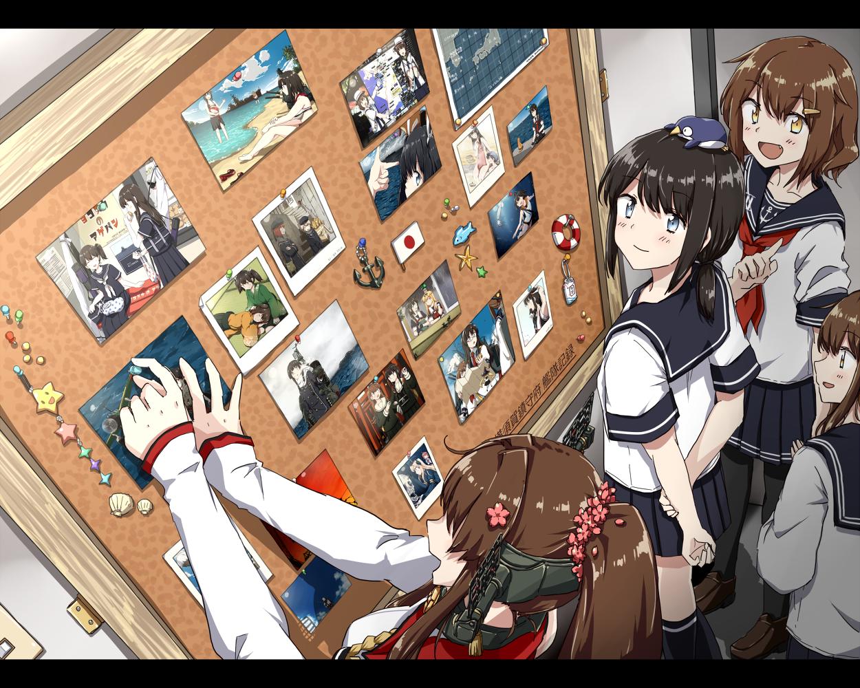 4girls akagi_(kantai_collection) animal animal_on_head annotation_request any_(lucky_denver_mint) bird bird_on_head black_hair black_legwear black_sailor_collar black_skirt blue_sailor_collar blue_skirt brown_eyes brown_hair cherry_blossoms commentary_request corkboard detached_sleeves fang flower folded_ponytail fubuki_(kantai_collection) grey_eyes hair_flower hair_ornament hairclip headgear i-401_(kantai_collection) i-58_(kantai_collection) ikazuchi_(kantai_collection) inazuma_(kantai_collection) kaga_(kantai_collection) kantai_collection kitakami_(kantai_collection) kneehighs long_hair long_sleeves low_ponytail multiple_girls neckerchief on_head ooi_(kantai_collection) penguin photo_(object) pleated_skirt ponytail red_neckwear sailor_collar school_uniform serafuku shigure_(kantai_collection) shirt short_hair short_ponytail sidelocks skirt souryuu_(kantai_collection) thigh-highs u-511_(kantai_collection) white_shirt yamashiro_(kantai_collection) yamato_(kantai_collection) yukikaze_(kantai_collection) yuudachi_(kantai_collection) z1_leberecht_maass_(kantai_collection) z3_max_schultz_(kantai_collection)