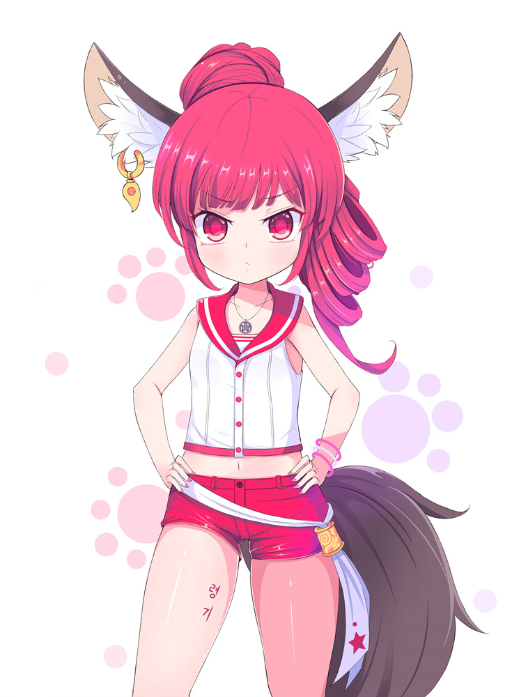 1girl animal_ear_fluff animal_ears blade_&amp;_soul commission curly_hair fox_ears fox_tail hands_on_hips jewelry long_hair lyn_(blade_&amp;_soul) midriff navel ponytail red_eyes red_shorts redhead shirt short_shorts shorts single_earring sleeveless sleeveless_shirt smile solo tail thighs vils white_shirt