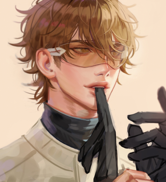 1boy ace_of_diamond baseball_uniform black_gloves brown_eyes brown_hair glasses gloves hair_between_eyes male_focus miyuki_kazuya mouth_hold simple_background sportswear upper_body zero_q_0q