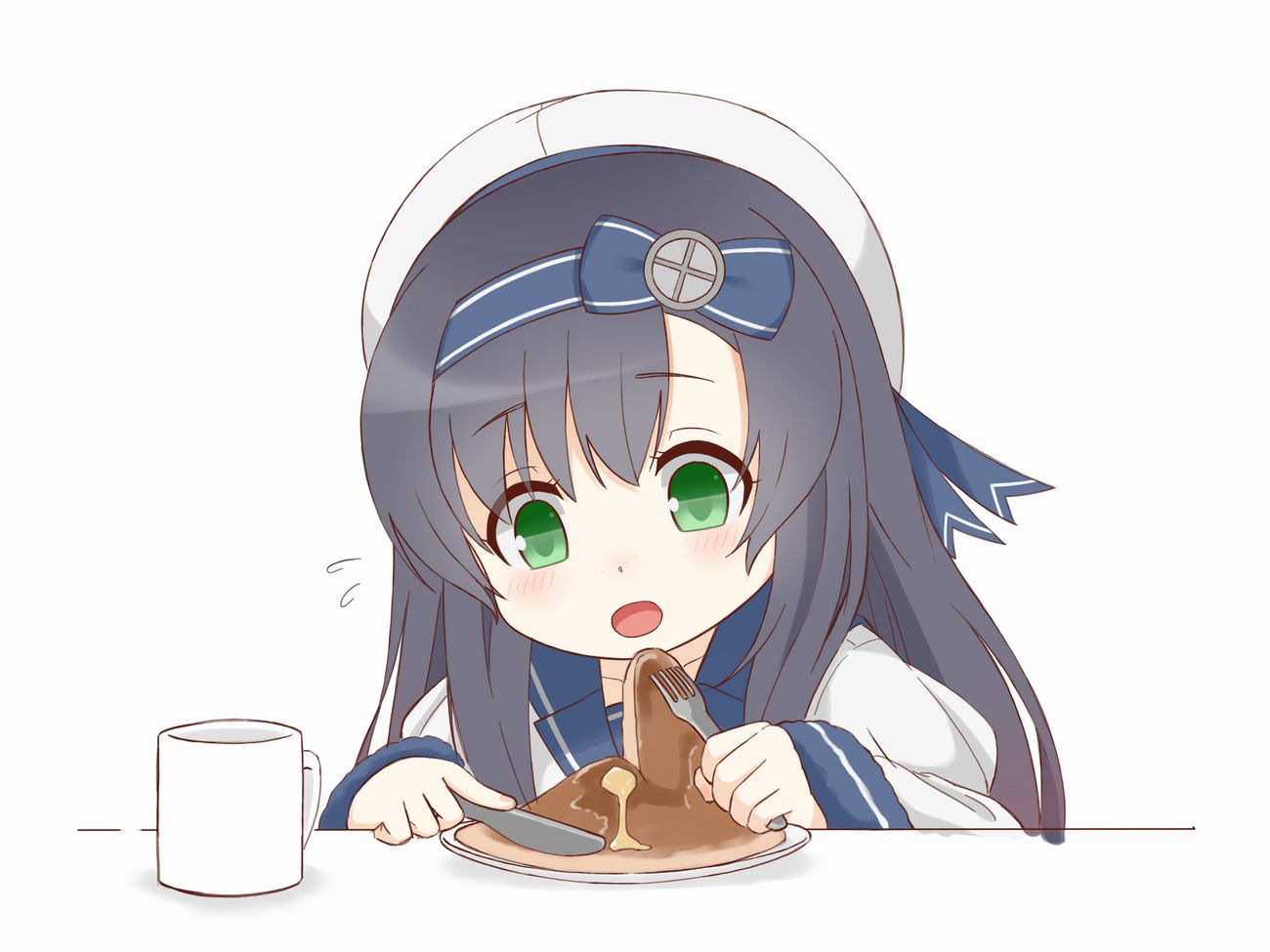 1girl bangs beret black_hair blue_sailor_collar blush commentary cup eyebrows_visible_through_hair flying_sweatdrops food fork gradient_hair green_eyes hair_between_eyes hat holding holding_fork holding_knife juliet_sleeves kantai_collection knife long_hair long_sleeves matsuwa_(kantai_collection) mug multicolored_hair open_mouth plate puffy_sleeves purple_hair sailor_collar shirt sleeves_past_wrists soba_(sobaya1938) solo upper_body white_background white_headwear white_shirt