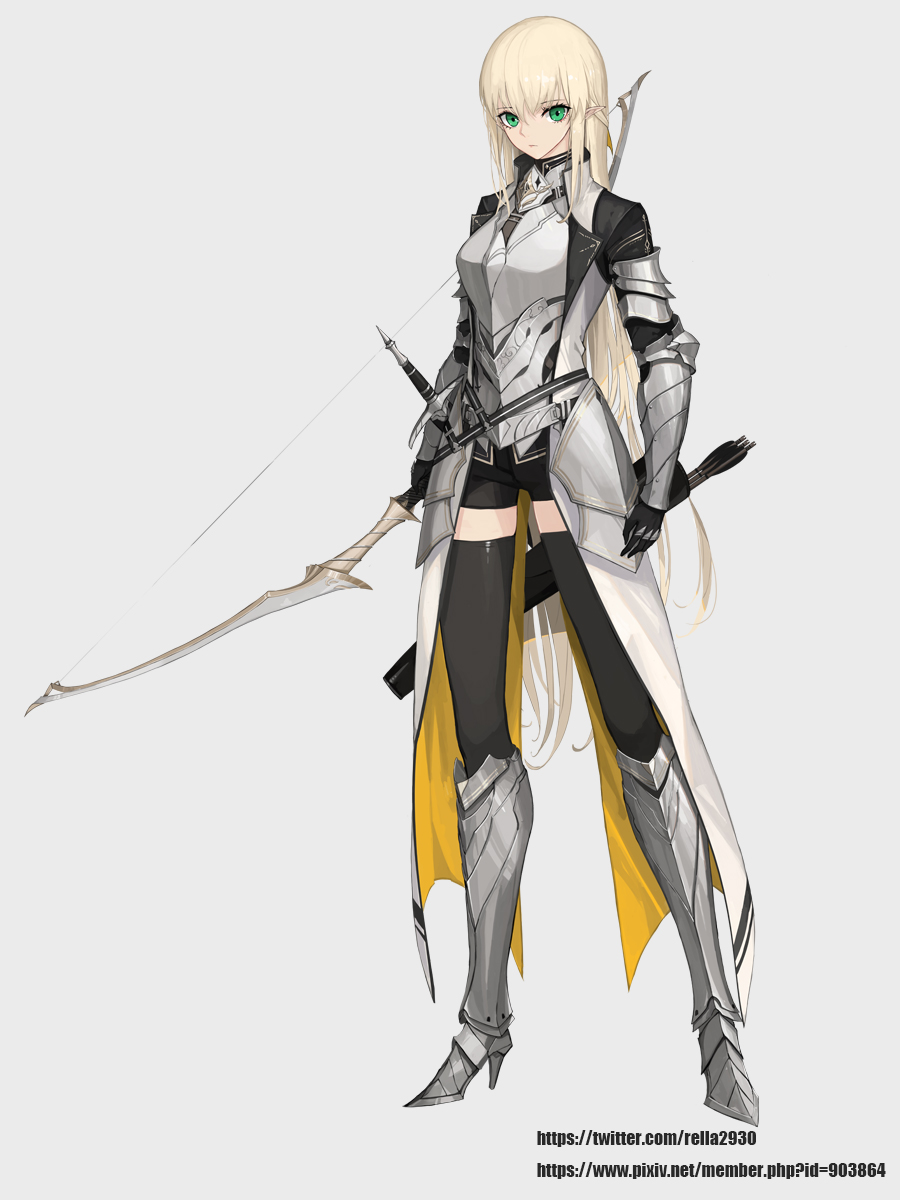 1girl akai2930 armor armored_boots arms_at_sides arrow blonde_hair boots bow_(weapon) breastplate commentary elf expressionless eyebrows_visible_through_hair fantasy faulds full_body green_eyes grey_background high_heels highres long_hair looking_at_viewer original pointy_ears quiver sabaton sheath sheathed shorts solo sword thigh-highs vambraces waist_cape weapon