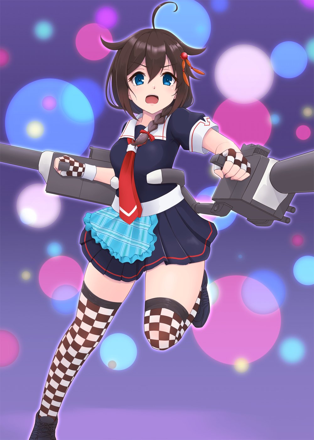 1girl adapted_turret ahoge apron black_footwear black_hair black_serafuku black_skirt blue_apron blue_background blue_eyes boots braid checkered checkered_gloves checkered_legwear commentary_request cross-laced_footwear fingerless_gloves frilled_apron frills gloves hair_flaps hair_ornament hair_over_shoulder highres kantai_collection lace-up_boots machinery mmt_uf neckerchief plaid plaid_apron pleated_skirt red_neckwear remodel_(kantai_collection) school_uniform serafuku shigure_(kantai_collection) single_braid skirt solo sparkle upper_body waist_apron