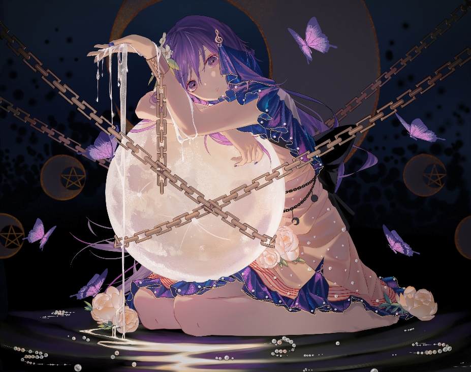 1girl adapted_costume alternate_hairstyle arm_up bangs barefoot beads bug butterfly chain crescent_moon cuffs dress eyebrows_visible_through_hair flower full_moon hair_between_eyes hair_flower hair_ornament houraisan_chouko insect leaf long_hair looking_at_viewer moon nail_polish parted_lips petticoat purple_hair purple_nails rose shackles sitting solo touhou treble_clef_hair_ornament tsukumo_benben violet_eyes wariza white_flower white_rose yellow_dress