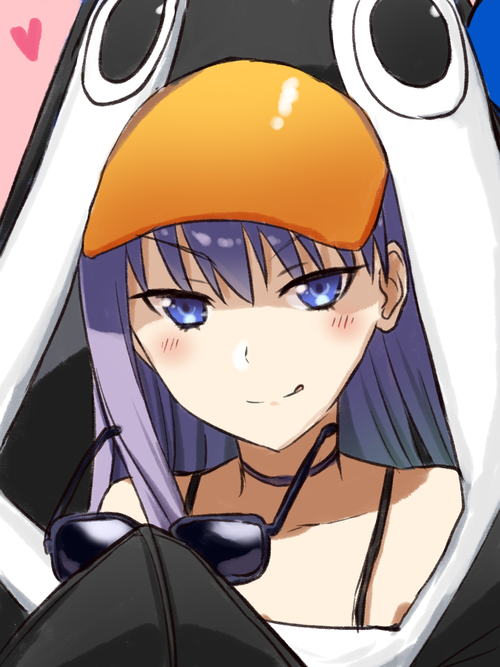 1girl :q animal_hood bangs bare_shoulders blue_eyes blush closed_mouth collarbone commentary_request engiyoshi eyebrows_visible_through_hair eyewear_removed fate/extra fate/extra_ccc fate_(series) hair_between_eyes heart highres holding holding_eyewear hood hood_up hooded_jacket jacket long_hair meltryllis penguin_hood pink_background purple-framed_eyewear purple_hair simple_background smile solo sunglasses tongue tongue_out v-shaped_eyebrows