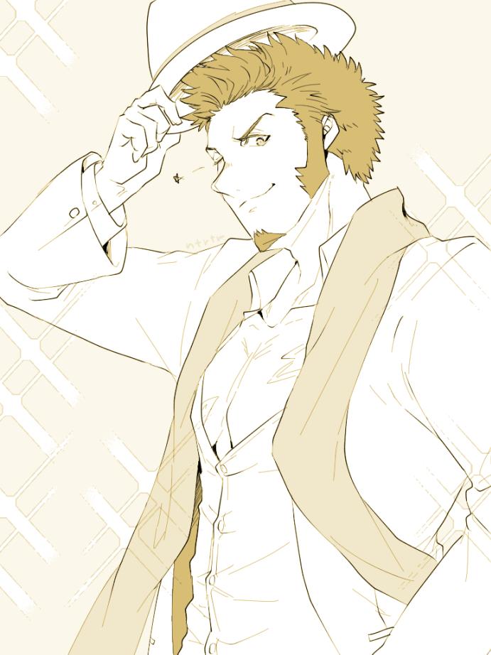 1boy alternate_costume beard blue_eyes brown_hair bursting_pecs chest facial_hair fate/grand_order fate_(series) hat long_sleeves looking_at_viewer male_focus muscle napoleon_bonaparte_(fate/grand_order) ntrtm pectorals scar scarf smirk upper_body white_background