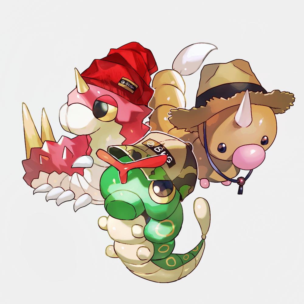 baseball_cap beanie black_eyes brown_headwear bug camouflage_hat caterpie caterpillar clothed_pokemon commentary_request full_body gen_1_pokemon gen_3_pokemon grey_background half-closed_eyes hat horn jpeg_artifacts looking_up newo_(shinra-p) no_humans pokemon pokemon_(creature) red_headwear shiny shiny_skin simple_background straw_hat weedle wurmple yellow_sclera