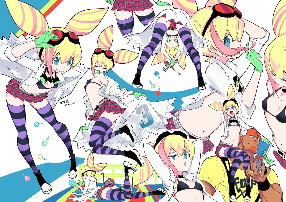 1girl bikini_top blonde_hair blue_eyes double_bun gloves goggles grin labcoat lucia_fex manbou_no_ane mouse multicolored_hair open_mouth promare screwdriver smile striped striped_legwear two-tone_hair varys_truss vinny_(promare) wrench