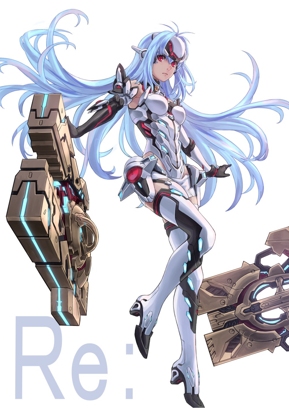 1girl android bare_shoulders blue_hair breasts commentary_request dual_wielding elbow_gloves expressionless forehead_protector gloves goo_goo789 gun highres holding huge_weapon kos-mos_re: large_breasts leotard long_hair looking_at_viewer red_eyes solo standing thigh-highs title very_long_hair weapon white_background white_leotard xenoblade_(series) xenoblade_2 xenosaga