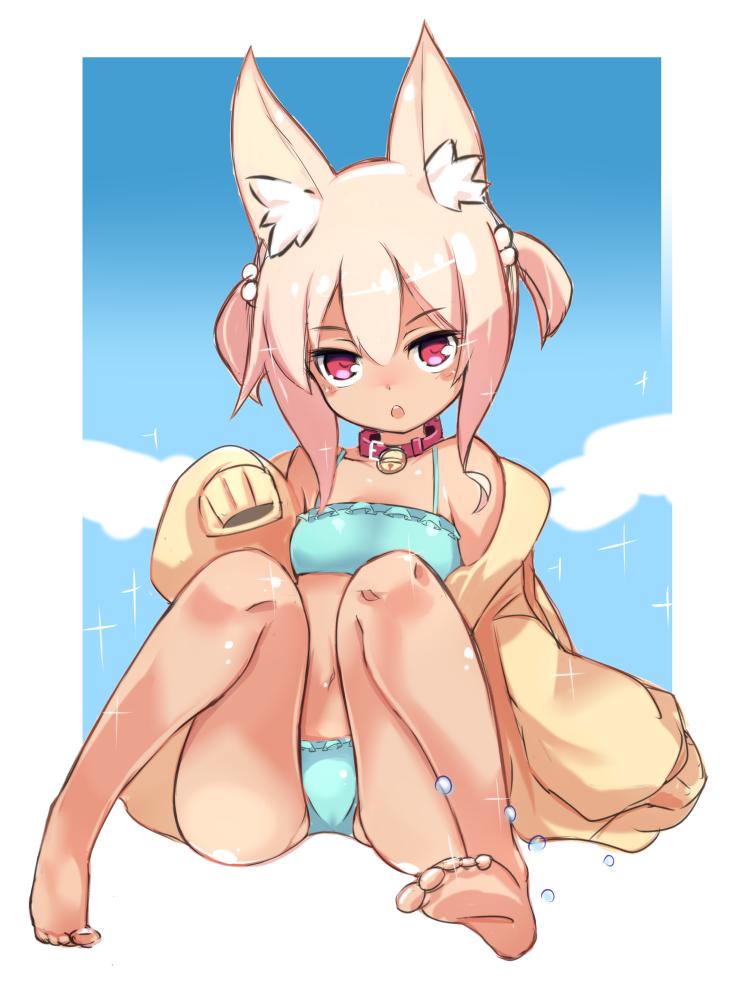 1girl animal_ear_fluff animal_ears bangs bare_legs bare_shoulders barefoot bell bell_collar bikini blonde_hair blue_bikini blue_sky blush borrowed_character breasts brown_jacket clouds cloudy_sky collar collarbone commentary_request day eyebrows_visible_through_hair fox_ears frilled_bikini frills full_body hair_between_eyes hair_bobbles hair_ornament jacket jingle_bell karukan_(monjya) kemomimi-chan_(naga_u) knees_up long_hair long_sleeves looking_at_viewer navel off_shoulder open_clothes open_jacket original parted_lips red_collar red_eyes sidelocks sitting sky sleeves_past_fingers sleeves_past_wrists small_breasts soles solo swimsuit tan two_side_up