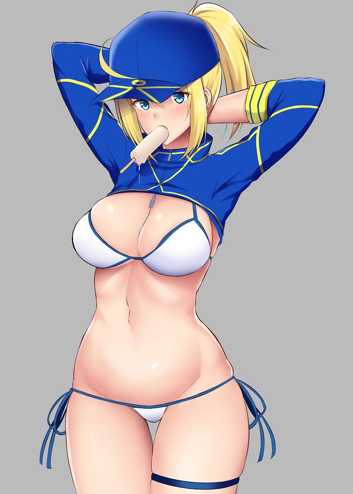 1girl ahoge arms_behind_head arms_up artoria_pendragon_(all) baseball_cap bikini blonde_hair blue_eyes blue_headwear blue_jacket breasts cowboy_shot cropped_jacket fate/grand_order fate_(series) food food_in_mouth grey_background hair_between_eyes hair_through_headwear hat jacket kisaragi_nana long_hair medium_breasts mysterious_heroine_xx_(foreigner) navel ponytail popsicle shrug_(clothing) side-tie_bikini simple_background solo stomach swimsuit thigh_strap white_bikini zipper_pull_tab