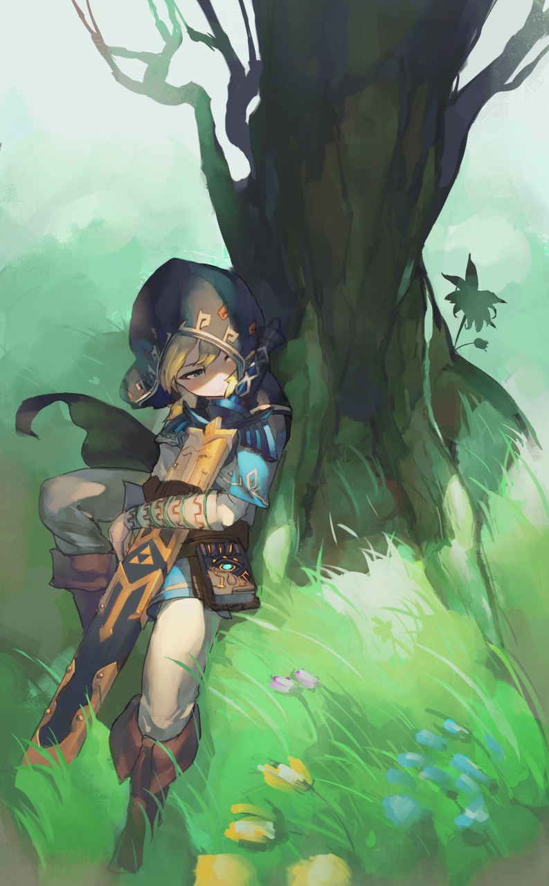 1boy blonde_hair blue_eyes blue_flower boots brown_footwear flower grass highres holding holding_sword holding_weapon hood hood_up link male_focus master_sword pink_flower scabbard shaded_face sheath silhouette sitting solo sword the_legend_of_zelda the_legend_of_zelda:_breath_of_the_wild tree weapon wind yellow_flower yogurtbomb9