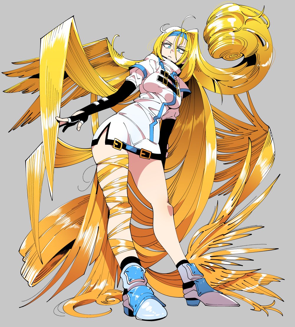 1girl absurdly_long_hair black_gloves blonde_hair blue_eyes blue_headband closed_mouth elbow_gloves fingerless_gloves full_body gloves grey_background guilty_gear hair_between_eyes headband kafun long_hair looking_at_viewer millia_rage prehensile_hair shoes simple_background solo standing very_long_hair