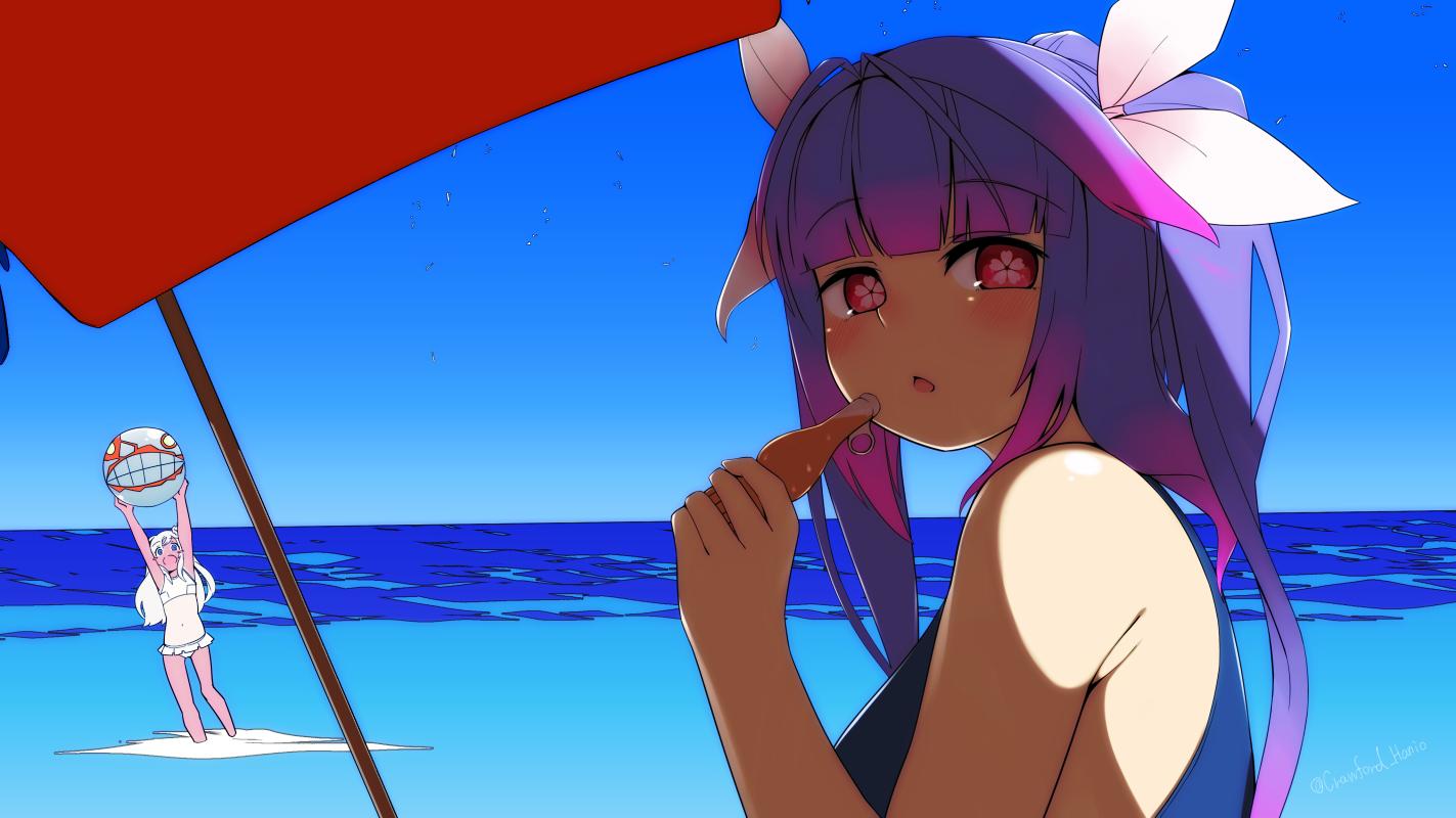 2girls ball beach beachball blue_hair blue_sky blue_swimsuit commentary_request day flower-shaped_pupils gradient_sky hair_ribbon haniyama_kurofo i-19_(kantai_collection) kantai_collection long_hair looking_at_viewer multiple_girls one-piece_swimsuit outdoors red_eyes ribbon ro-500_(kantai_collection) school_swimsuit shade sky solo_focus swimsuit symbol-shaped_pupils tri_tails tupet upper_body