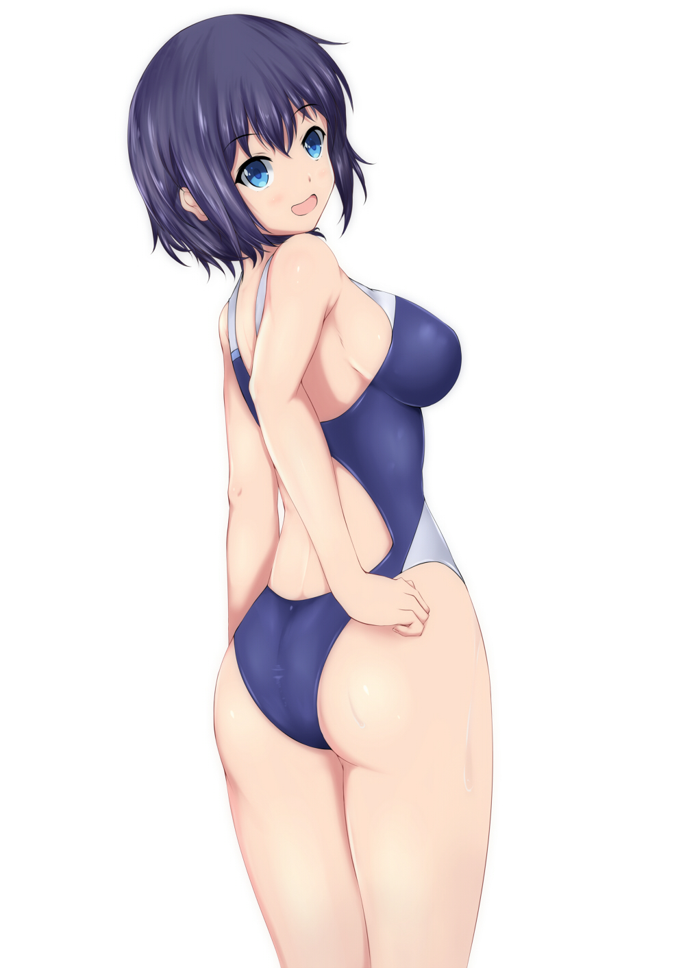 1girl ass breasts competition_swimsuit cowboy_shot from_behind highres kokushoku_kenban looking_at_viewer looking_back medium_breasts one-piece_swimsuit open_mouth original simple_background smile soaking_feet solo standing swimsuit white_background