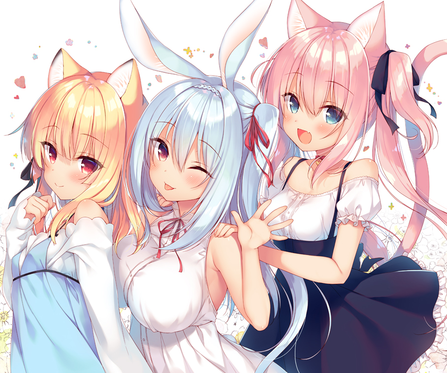 3girls :d ;p animal_ear_fluff animal_ears bangs black_ribbon black_skirt blonde_hair blue_dress blue_eyes blue_hair blush braid breasts cat_ears cat_girl cat_tail closed_mouth collared_dress commentary_request dress eyebrows_visible_through_hair fang fingernails fox_ears frilled_skirt frills hair_between_eyes hair_ribbon hand_up hands_on_another's_shoulders heart high-waist_skirt large_breasts long_hair long_sleeves medium_breasts multiple_girls neck_ribbon off-shoulder_shirt off_shoulder one_eye_closed open_mouth original pink_hair puffy_short_sleeves puffy_sleeves rabbit_ears red_eyes red_ribbon ribbon sazaki_ichiri shirt short_sleeves skirt sleeveless sleeveless_dress sleeves_past_wrists small_breasts smile suspender_skirt suspenders tail tail_raised tongue tongue_out twintails very_long_hair white_background white_dress white_shirt