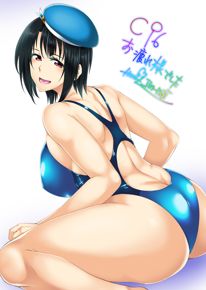 1girl alternate_costume ass beret black_hair blue_headwear blue_swimsuit breasts competition_swimsuit hat highleg highleg_swimsuit huge_breasts jin_nai kantai_collection looking_back one-piece_swimsuit red_eyes short_hair sitting solo swimsuit takao_(kantai_collection) wariza white_background