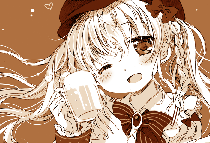 1girl ;d alcohol bangs beer beer_mug blush bow braid brooch brown_background cabbie_hat collared_shirt commentary_request cup eyebrows_visible_through_hair foam gloves hair_between_eyes hair_bow hands_up hat head_tilt holding holding_cup jewelry long_hair monochrome one_eye_closed open_mouth original sakurazawa_izumi shirt simple_background smile solo striped striped_bow twintails upper_body