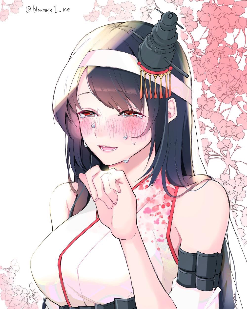 1girl black_hair blush commentary_request floral_background floral_print full-face_blush fusou_(kantai_collection) hair_ornament headband headgear highres kantai_collection kozu_(bloomme1_me) long_hair nontraditional_miko red_eyes remodel_(kantai_collection) solo tears twitter_username upper_body white_background