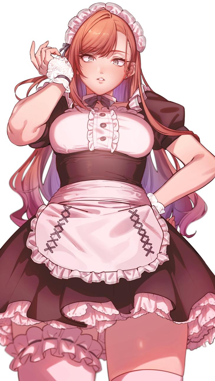 1girl adjusting_hair apron arisugawa_natsuha bangs blouse blurry bow bowtie breasts brown_eyes collarbone depth_of_field detached_collar dress earrings eyebrows_visible_through_hair frills from_below hair_flip hand_on_hip highres idolmaster idolmaster_shiny_colors ikarin jewelry leg_garter long_hair looking_at_viewer maid maid_apron maid_headdress open_mouth parted_lips puffy_short_sleeves puffy_sleeves redhead short_sleeves solo swept_bangs thigh-highs thighs underbust upskirt waist_apron white_blouse white_legwear wrist_cuffs