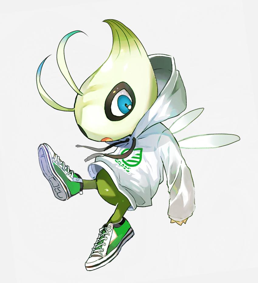 antennae blue_eyes bottomless celebi clothed_pokemon commentary_request drawstring fairy_wings full_body gen_2_pokemon green_footwear grey_background hood hoodie jpeg_artifacts leg_up legendary_pokemon long_sleeves newo_(shinra-p) no_humans open_mouth pokemon pokemon_(creature) shoes simple_background sleeves_past_wrists solo sweater white_sweater wings