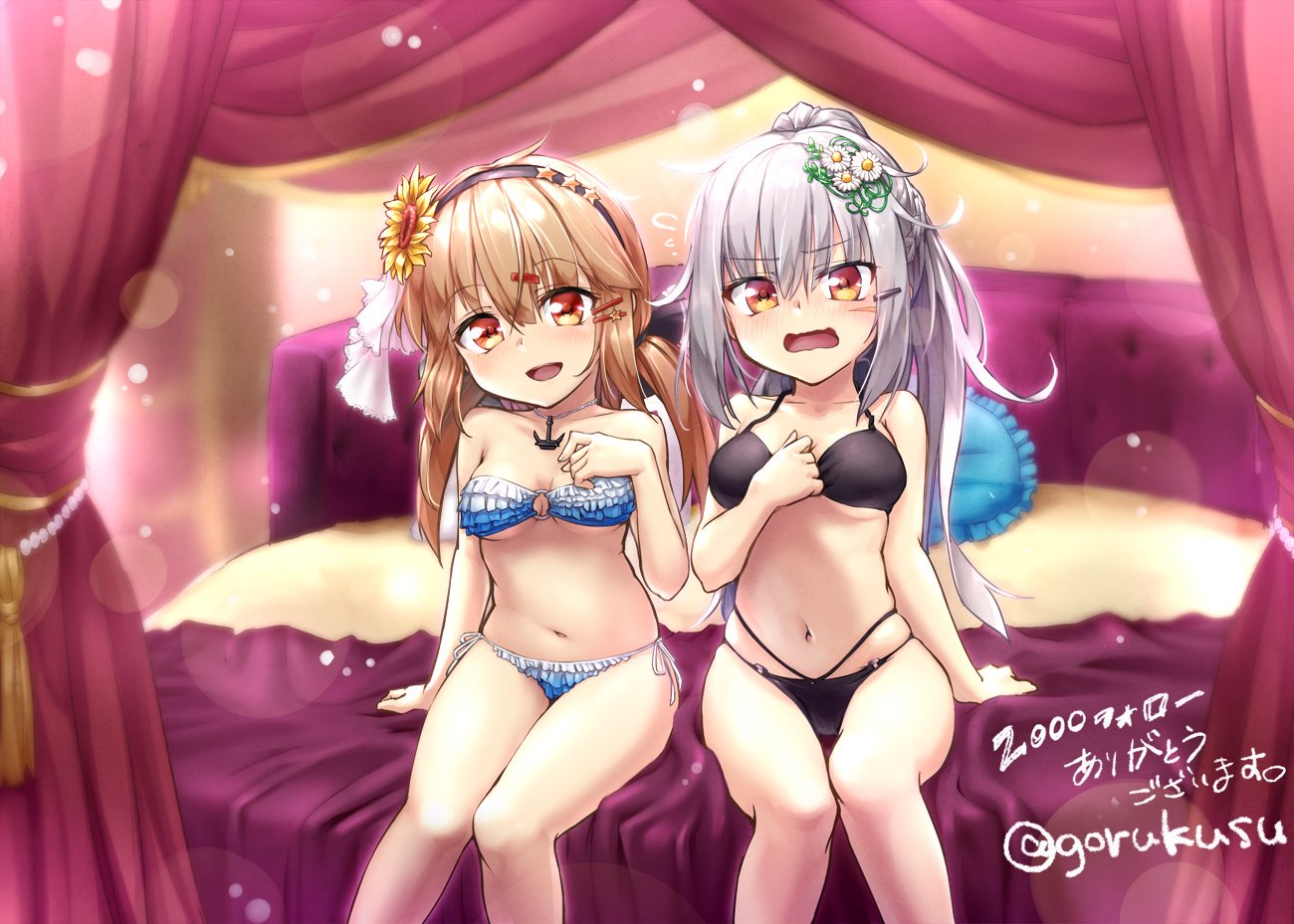 2girls alternate_costume bedroom bikini black_bikini blush breasts brown_eyes brown_hair cheese_(cheese_koubou) eyebrows_visible_through_hair facial_scar flower gangut_(kantai_collection) gradient_bikini grey_hair hair_between_eyes hair_flower hair_ornament hairclip kantai_collection long_hair looking_at_viewer low_twintails medium_breasts multiple_girls navel on_bed open_mouth orange_eyes red_eyes scar scar_on_cheek sitting sitting_on_bed smile swimsuit tashkent_(kantai_collection) twintails twitter_username wavy_mouth