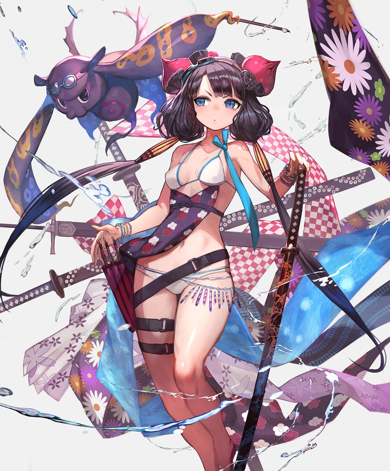 1girl animal arms_up bangle bangs bare_shoulders barefoot belt bikini blue_eyes bracelet breasts collarbone fate/grand_order fate_(series) floral_print flower goggles goggles_on_head grey_background hair_flower hair_ornament hand_on_hilt highres jewelry katana katsushika_hokusai_(fate/grand_order) katsushika_hokusai_(swimsuit_saber)_(fate) lack long_hair looking_at_viewer low_twintails multiple_swords octopus purple_hair sheath sheathed sitting small_breasts standing swimsuit sword thigh_strap tokitarou_(fate/grand_order) twintails v-shaped_eyebrows very_long_hair water weapon white_bikini