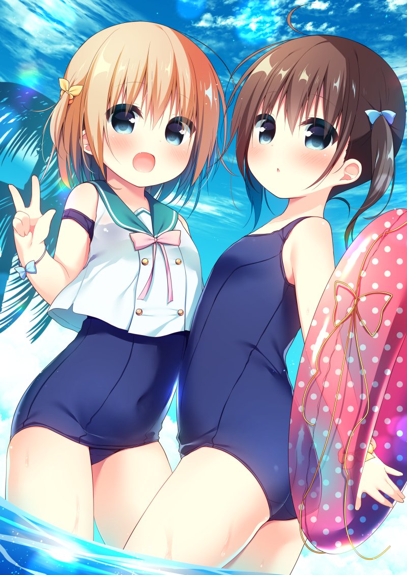 2girls :d ahoge bangs blue_eyes blue_sailor_collar blue_sky blue_swimsuit blush brown_hair clouds cloudy_sky commentary_request covered_navel day dutch_angle eyebrows_visible_through_hair hair_between_eyes hair_ribbon hanamiya_natsuka innertube multiple_girls old_school_swimsuit one-piece_swimsuit open_mouth original outdoors parted_lips polka_dot ribbon sailor_collar school_swimsuit shirt sky sleeveless sleeveless_shirt smile standing strap_slip swimsuit transparent twintails two_side_up wading water white_shirt yellow_ribbon