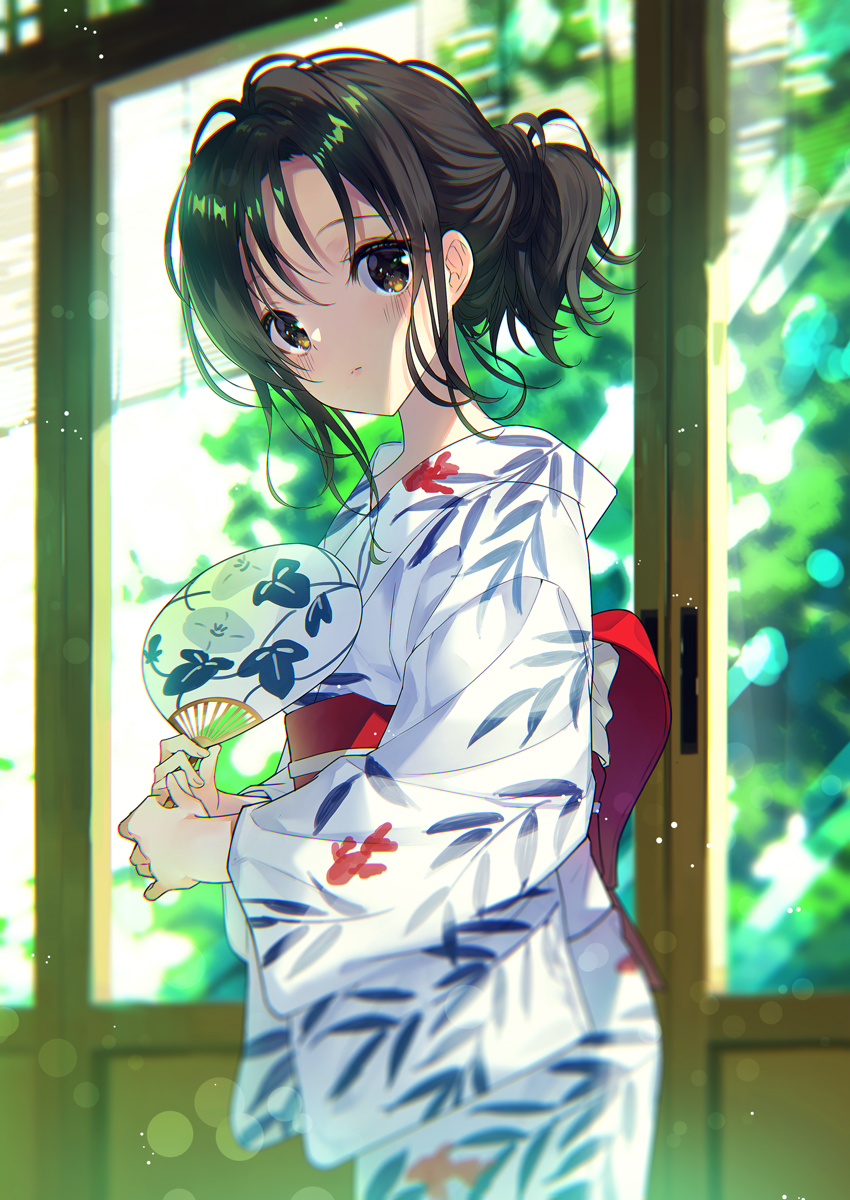 1girl animal_print bangs black_hair blush brown_eyes commentary_request day fan fish_print highres holding holding_fan indoors japanese_clothes kimono leaf_print long_sleeves looking_at_viewer obi original paper_fan ponytail print_kimono rugo sash sidelocks solo uchiwa white_kimono window yukata