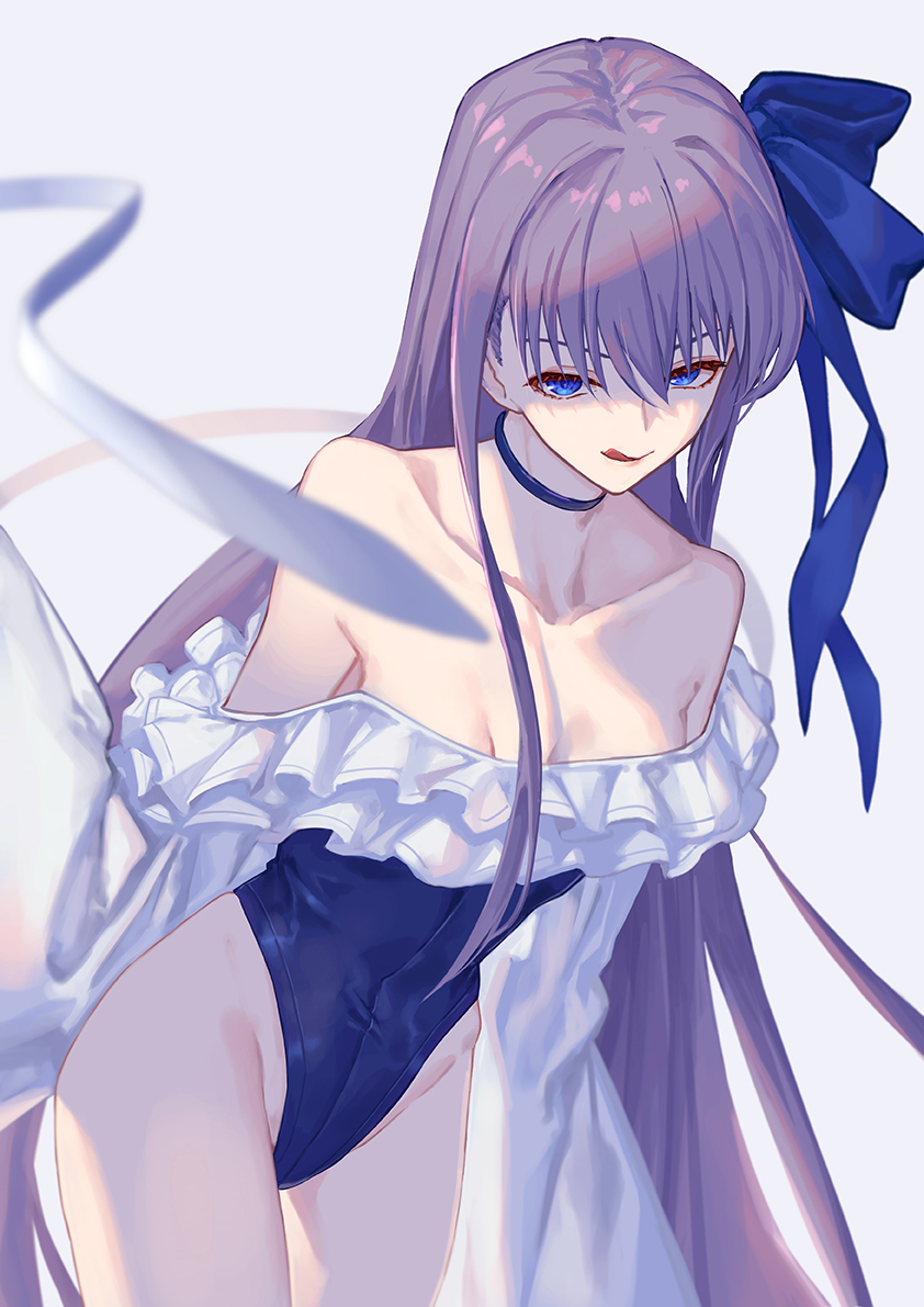 1girl :q bare_shoulders blue_bow blue_eyes bow choker collarbone detached_sleeves fate/grand_order fate_(series) flat_chest frills hair_bow jacky5493 long_hair meltryllis meltryllis_(swimsuit_lancer)_(fate) one-piece_swimsuit purple_hair simple_background solo swimsuit tongue tongue_out very_long_hair