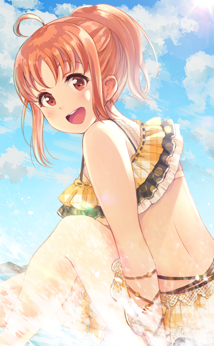 1girl :d ahoge alternate_hairstyle bangs beach bikini bikini_skirt blush commentary_request cowengium day from_side knee_up looking_at_viewer love_live! love_live!_sunshine!! open_mouth orange_hair outdoors ponytail red_eyes sidelocks sitting smile solo splashing swimsuit takami_chika thigh_strap water