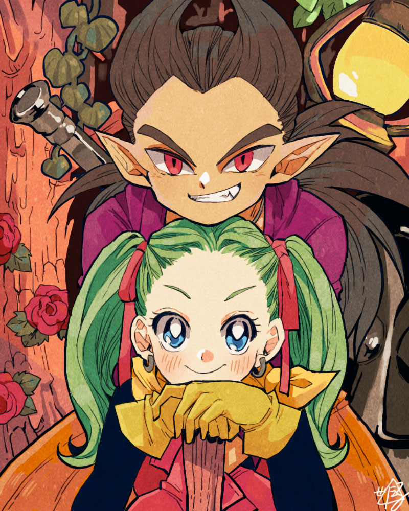 1boy 1girl black_hair blue_eyes bow closed_mouth cowboy_shot dragon_quest dragon_quest_builders_2 earrings female_builder_(dqb2) flower gloves green_hair grin hair_bow hoop_earrings jewelry long_hair looking_at_viewer orange_pants plant pointy_ears purple_shirt red_bow red_eyes red_flower red_gloves red_ribbon red_rose ribbon rose scarf seriel_(summertosuika) shirt sidoh_(dqb2) smile spiky_hair teeth twintails vines yellow_gloves yellow_scarf