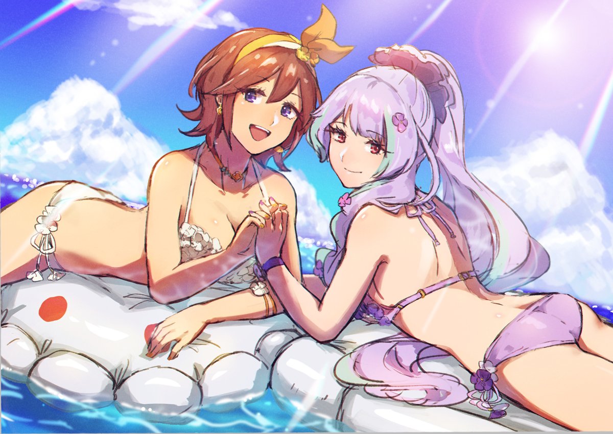 2girls :d ass bikini blue_eyes blue_sky brown_hair closed_mouth clouds day eyebrows_visible_through_hair hair_between_eyes hair_ornament hairband halterneck holding_hands interlocked_fingers jewelry kaname_buccaneer long_hair looking_at_viewer lying macross macross_delta mikumo_guynemer multiple_girls necklace ocean on_stomach open_mouth outdoors purple_bikini purple_hair red_eyes shimatani_azu shiny shiny_hair short_hair shoulder_blades sky smile sunlight swimsuit very_long_hair water white_bikini yellow_hairband