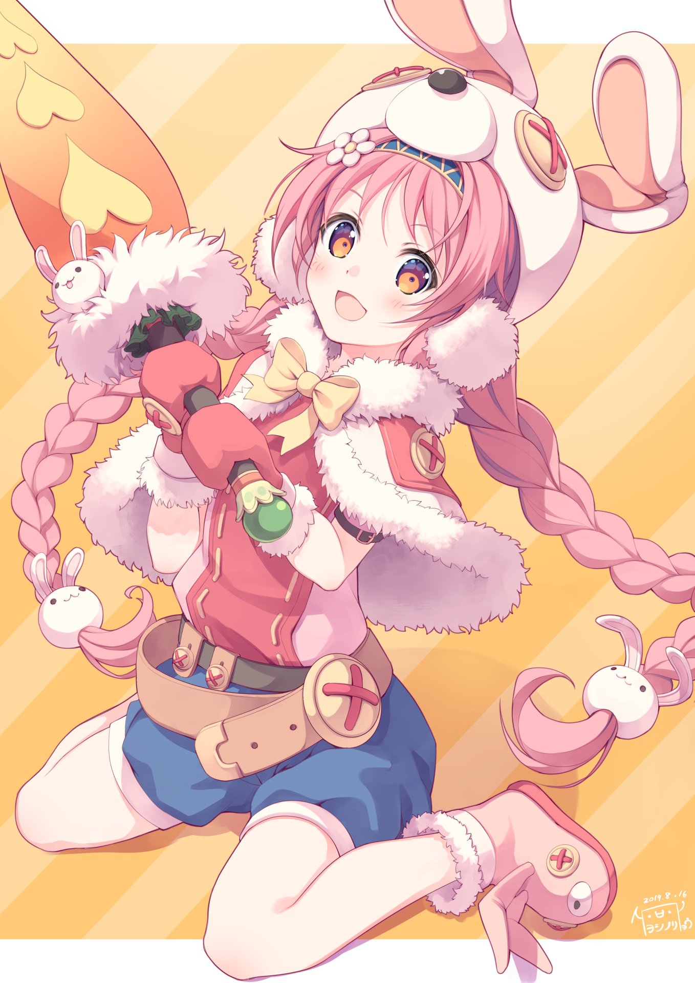 1girl akane_mimi animal_ears animal_hat belt blush boots braid buttons commentary_request earmuffs flower gloves hair_flower hair_ornament hat headband highres kneeling long_hair looking_at_viewer mittens open_mouth pink_hair princess_connect! princess_connect!_re:dive rabbit_ears red_mittens ribbon shorts signature solo sword twin_braids weapon yellow_eyes yoshino_ryou