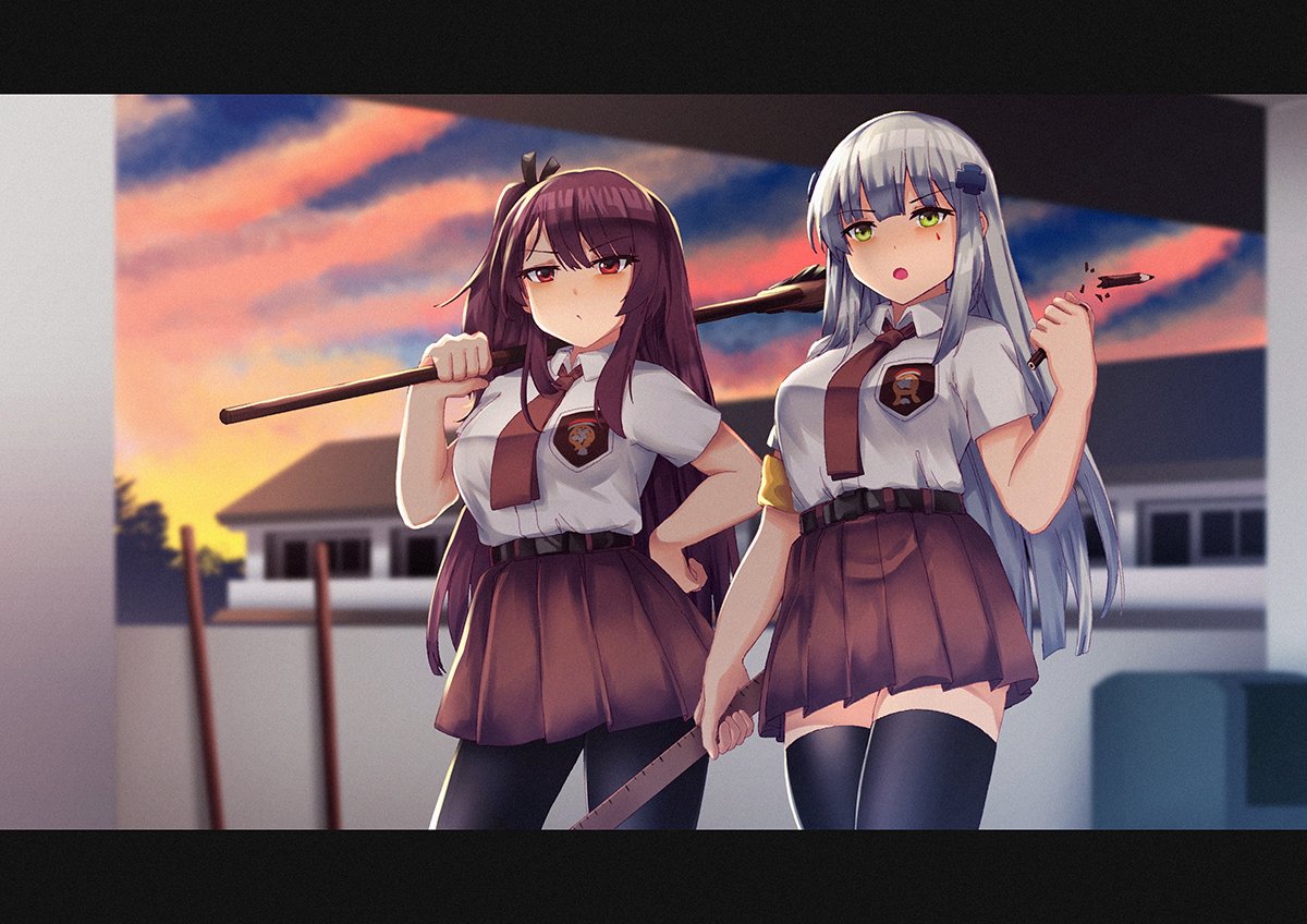 2girls breaking broken_pencil broom clouds dawn girls_frontline green_eyes hk416_(girls_frontline) multiple_girls necktie pencil persocon93 purple_hair red_eyes ruler school school_uniform silver_hair wa2000_(girls_frontline)