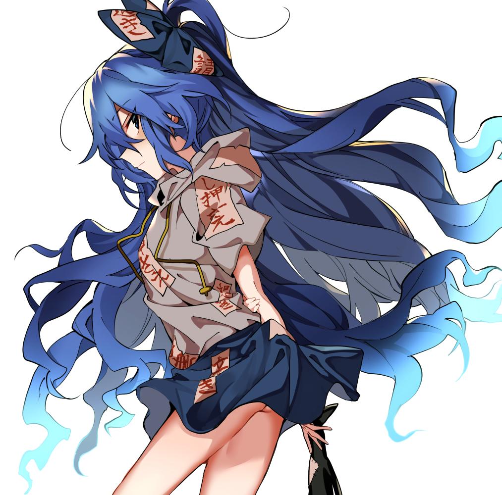 1girl ass bangs blue_bow blue_eyes blue_hair blue_skirt blush bow closed_mouth debt drawstring eyebrows_visible_through_hair from_side hood hood_down hoodie long_hair manarou profile short_sleeves simple_background skirt solo touhou white_background yorigami_shion