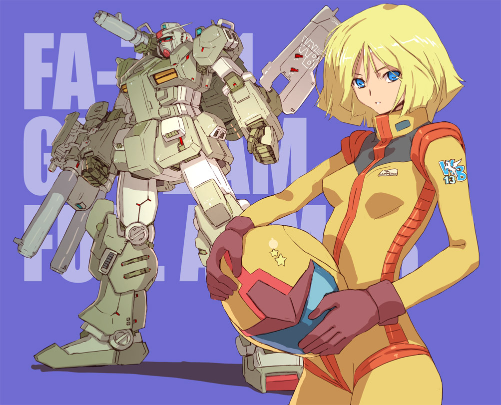 1girl beam_cannon blonde_hair blue_background blue_eyes bodysuit commentary_request gundam gundam_msv headwear_removed heavy_full_armor_gundam helmet helmet_removed mamecchi mecha parted_lips sayla_mass shoulder_cannon