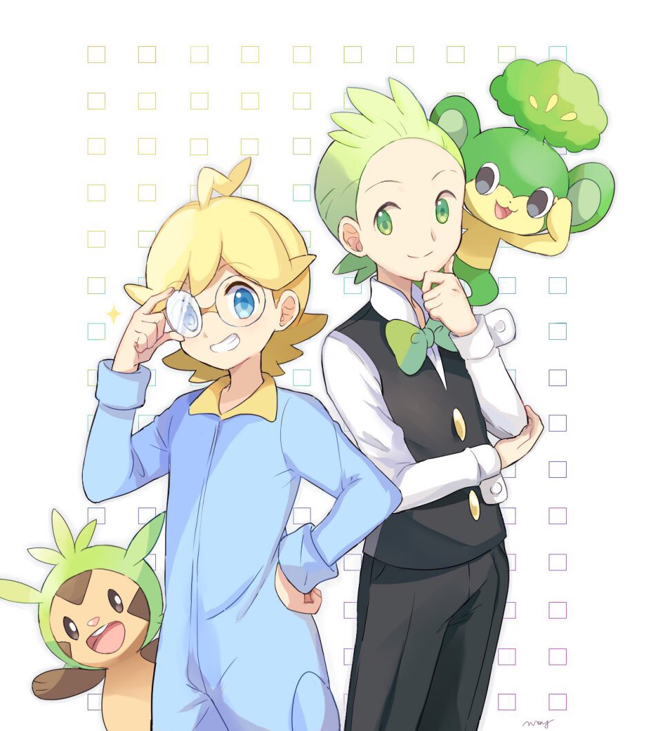 2boys :3 adjusting_eyewear ahoge artist_name black_eyes black_pants black_vest blonde_hair blue_bodysuit blue_eyes blush bodysuit bow bowtie chespin citron_(pokemon) closed_mouth dent_(pokemon) forehead formal gen_5_pokemon gen_6_pokemon glasses green_eyes green_hair green_neckwear grin gym_leader hand_on_hip hand_up light_blush long_sleeves looking_at_another looking_at_viewer looking_to_the_side male_focus mei_(maysroom) multiple_boys outline pansage pants pokemon pokemon_(creature) pokemon_(game) pokemon_bw pokemon_xy shirt signature simple_background smile standing suit teeth vest white_background white_shirt