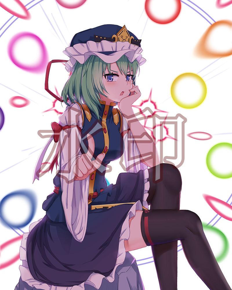 1girl arm_ribbon bangs black_legwear black_skirt blue_eyes blue_headwear blue_vest blush breasts chin_rest chinese_commentary commentary_request danmaku epaulettes feet_out_of_frame frilled_hat frills green_hair hand_up hat hat_ribbon long_sleeves looking_at_viewer medium_breasts miniskirt petticoat pointing pointing_at_viewer red_ribbon ribbon rock shiki_eiki shirt simple_background sitting skirt solo sugar_sound thigh-highs touhou translated vest watermark white_background white_shirt wide_sleeves