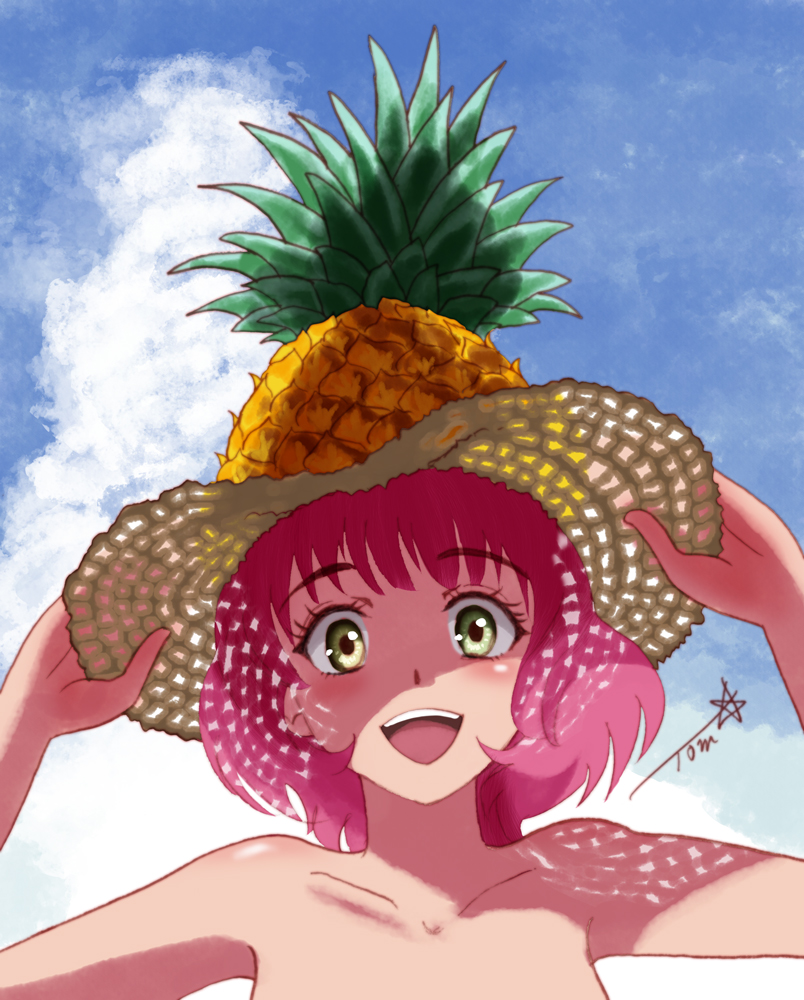 :d adjusting_clothes adjusting_hat aries_spring bare_shoulders blue_sky chutohampa clouds dappled_sunlight day food fruit green_eyes hat heterochromia kanata_no_astra looking_at_viewer open_mouth outdoors pineapple pink_hair short_hair sky smile sun_hat sunlight yellow_eyes
